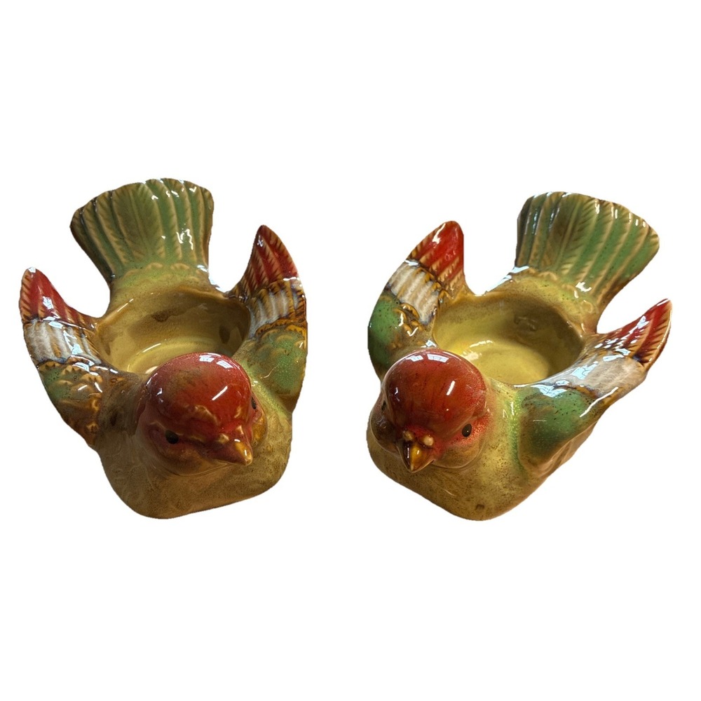 VTG Ceramic Pottery Pair Of Birds Tea Candle Holders Green Multicolor Glazed